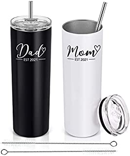 Lifecapido Dad and Mom Est 2021 Stainless Steel Skinny Tumbler, Funny Christmas Birthday Gifts for Mom Dad New Parents New Pregnancy Anniversary,Insulated Tumbler with 2 Lids(20oz, Black and White)