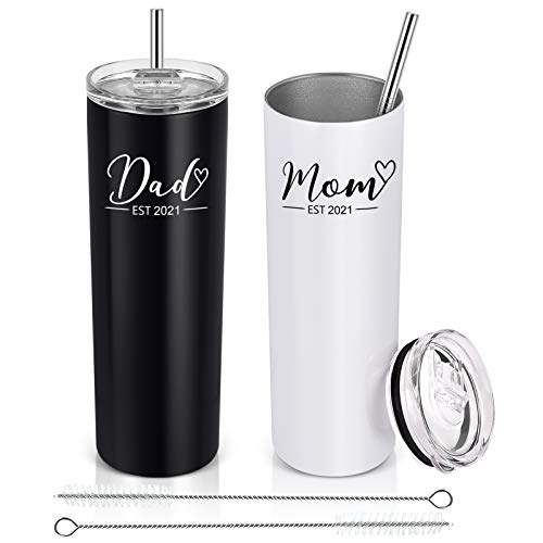 Lifecapido Dad and Mom Est 2021 Stainless Steel Skinny Tumbler, Funny Christmas Birthday Gifts for Mom Dad New Parents New Pregnancy Anniversary,Insulated Tumbler with 2 Lids(20oz, Black and White)