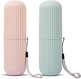 Travel Toothbrush Case and Carrier, 2 Pack Portable Business Trips Wash Cup Holder Organizer for Trips and Daily Use (Green+Pink)