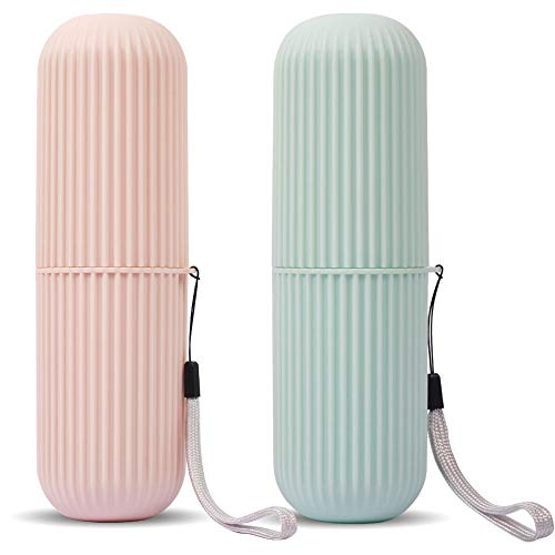 Travel Toothbrush Case and Carrier, 2 Pack Portable Business Trips Wash Cup Holder Organizer for Trips and Daily Use (Green+Pink)