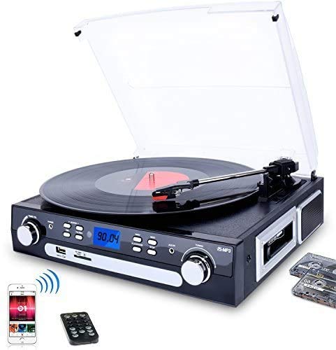 DIGITNOW Bluetooth Record Player with Stereo Speakers, Turntable for Vinyl to MP3 with Cassette Play, AM/FM Radio, Remote Control, USB/SD Encoding, 3.5mm Music Output Jack