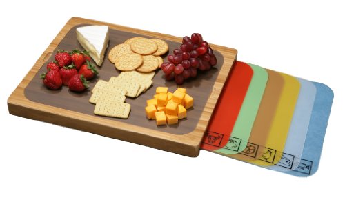 Seville Classics Easy-to-Clean Bamboo Cutting Board and 7 Color-Coded Flexible Cutting Mats with Food Icons Set