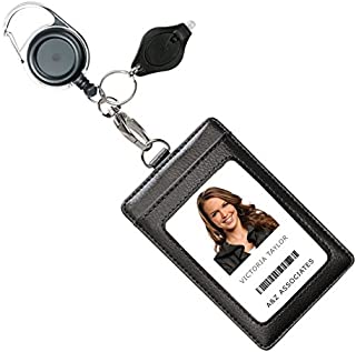 Genuine Leather ID Badge Holder Wallet with Heavy Duty Carabiner Retractable Reel, Key Ring and Metal Clip, 3 Card Pockets. Holds Multiple Cards & Keys. Bonus Key Chain Flashlight. Vertical. Black