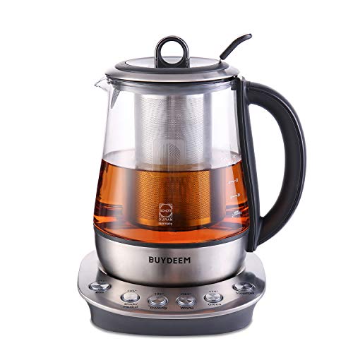 Buydeem K2423 Tea Maker, Durable 316 Stainless Steel & German Schott Glass Electric Kettle, Removable Infuser, Auto Keep Warm, BPA Free, 1.2L