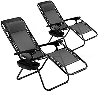 Vnewone Zero Gravity Chair Set of 2 Patio Folding Anti Reclining Lounge Deck Foldable Yard with Pillow and Cup Holder, Black