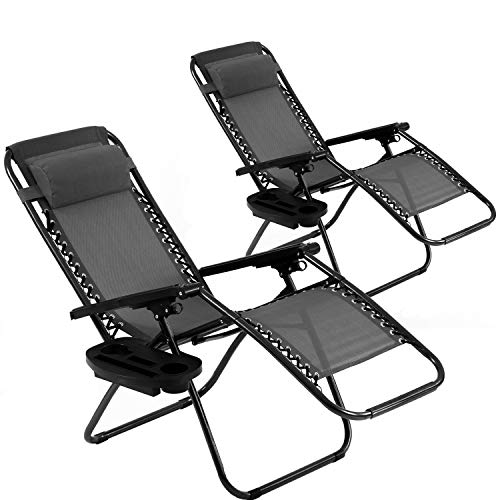 Vnewone Zero Gravity Chair Set of 2 Patio Folding Anti Reclining Lounge Deck Foldable Yard with Pillow and Cup Holder, Black