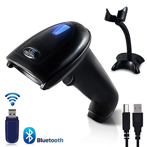 Central Essentials 2D Bluetooth Barcode Scanner Wireless with Adjustable Stand - 3-in-1 Design 1D Laser Automatic Cordless QR Handheld Reader for POS, USB, UPC, Android, iOS, iPad, iPhone, Retail