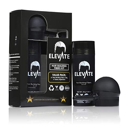 ELEVATE Hair Perfecting 2-in-1 Kit Set Includes Natural Hair Thickening Fibers & Spray Applicator Pump Nozzle | Instantly Conceal & Thicken Thinning or Balding Hair Areas (Medium Brown) (Black)