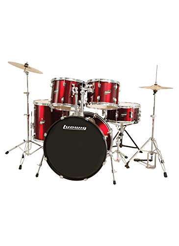 Ludwig Accent Drive 5-Pc Drum Set, Red Foil - Includes: Hardware, Throne, Pedal, Cymbals, Sticks & Drumheads