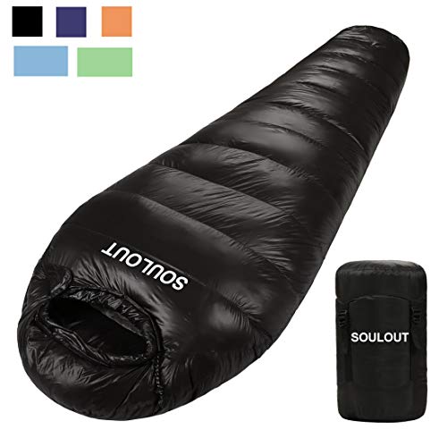 SOULOUT Down Sleeping Bag, 0°F - 20°-30°F 1500 Fill Power Cool Weather - Ultra Lightweight Portable Waterproof Mummy Sleeping Bag with Compression Sack for Adults Kids Camping Backpacking