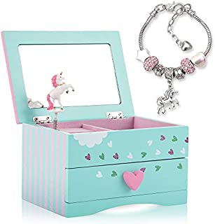 Amitié Lane Unicorn Jewelry Box for Girls Plus Augmented Reality Experience (STEM Toy) - Unicorn Music Box with Pullout Drawer and Unicorn Charm Bracelet (Mint)