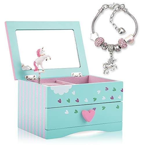 Amitié Lane Unicorn Jewelry Box for Girls Plus Augmented Reality Experience (STEM Toy) - Unicorn Music Box with Pullout Drawer and Unicorn Charm Bracelet (Mint)