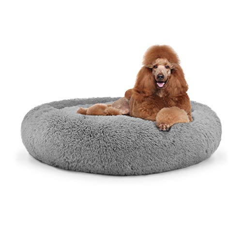 The Dogs Bed Sound Sleep Donut Dog Bed, XL Silver Grey Plush Removable Cover Premium Calming Nest Bed