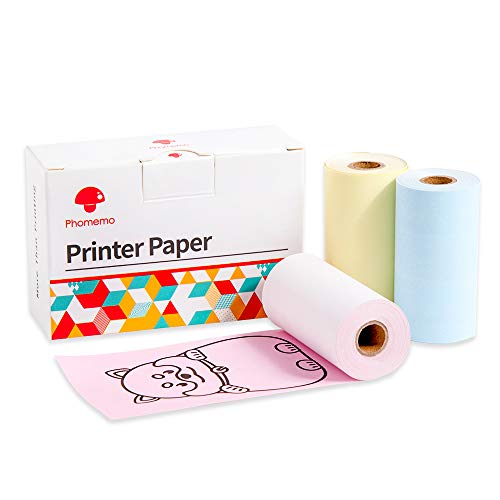 Phomemo Thermal Paper Non-Adhesive Black Print on Yellow Blue Pink Paper for Phomemo M02 M02S M02 Pro Printer, 2.08 Inch x 26.2 Feet (53mm x 8m) for Photos, Planner, Note, Scrapbooking, 3 Rolls