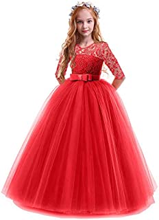 Flower Girl Long Princess Dress Vintage Lace Maxi Gown Kids Formal Wedding Bridesmaid Pageant Tulle Dresses Little Big Girls Elegant Bowknot Dance First Communion Birthday Prom Dresses Red 7-8Y