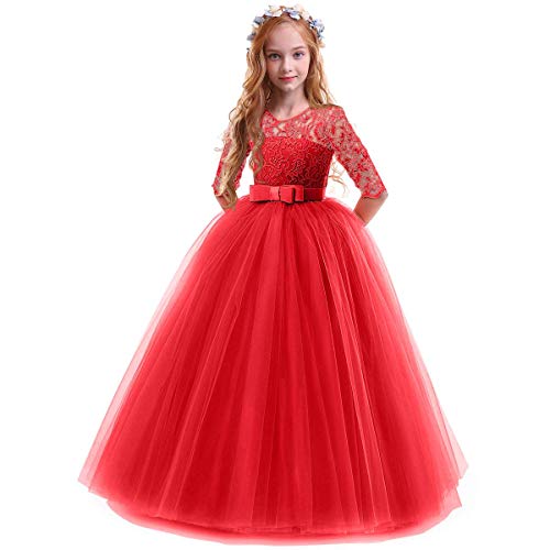 Flower Girl Long Princess Dress Vintage Lace Maxi Gown Kids Formal Wedding Bridesmaid Pageant Tulle Dresses Little Big Girls Elegant Bowknot Dance First Communion Birthday Prom Dresses Red 7-8Y