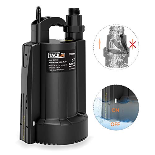 TACKLIFE Submersible Water Pump, 1/3HP High Power Efficiency, Max. 2500 GPH, Max. up to 25ft, 10in Cord, 30db, 3/4 in Adapter Check Valve