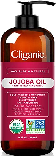 USDA Organic Jojoba Oil 16 oz with Pump, 100% Pure | Bulk, Natural Cold Pressed Unrefined Hexane Free Oil for Hair & Face | Base Carrier Oil - Certified Organic | Cliganic 90 Days Warranty