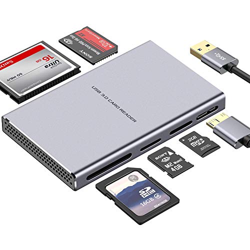 SD Card Reader, GIKERSY 5 in 1 USB 3.0 Memory Card Reader Adapter 5Gbps Read 5 Cards Simultaneously for SDXC, SDHC, SD, Micro SDXC, Micro SD, Micro SDHC, M2, MS, CF and UHS-I Card (Grey)