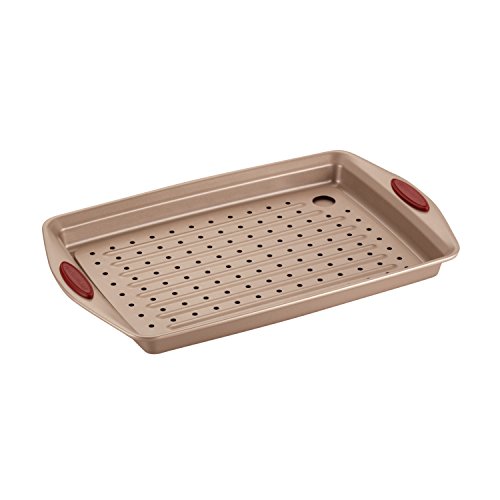 Rachael Ray Cucina Nonstick Bakeware Set with Grips, Nonstick Cookie Sheet / Baking Sheet with Crisper Pan - 2 Piece, Latte Brown with Cranberry Red Handle Grips