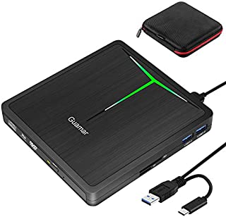 External DVD Drive Guamar 5 in 1 USB 3.0 USB C CD/DVD +/- RW Burner Writer Player Portable Optical Drive for Laptop/MacBook/Desktop/Windows/PC Support SD/TF Card Reader/USB 3.0 Transfers (Black)