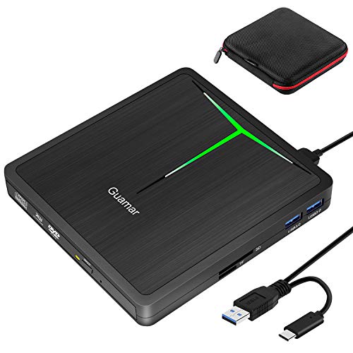 External DVD Drive Guamar 5 in 1 USB 3.0 USB C CD/DVD +/- RW Burner Writer Player Portable Optical Drive for Laptop/MacBook/Desktop/Windows/PC Support SD/TF Card Reader/USB 3.0 Transfers (Black)