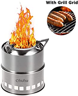 Ohuhu Camping Stove Stainless Steel Backpacking Stove Potable Wood Burning Stoves for Picnic BBQ Camp Hiking with Grill Grid