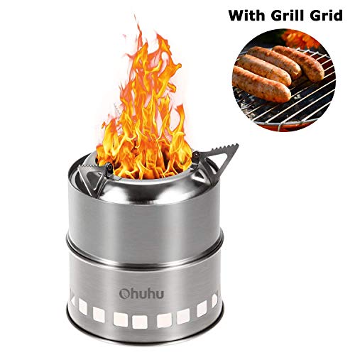 Ohuhu Camping Stove Stainless Steel Backpacking Stove Potable Wood Burning Stoves for Picnic BBQ Camp Hiking with Grill Grid