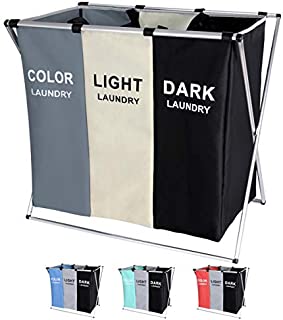 135L Laundry Cloth Hamper Sorter Basket Bin Foldable 3 Sections with Aluminum Frame 62cm × 37cm x 58cm Washing Storage Dirty Clothes Bag for Bathroom Bedroom Home (White+Grey+Black)