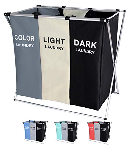 135L Laundry Cloth Hamper Sorter Basket Bin Foldable 3 Sections with Aluminum Frame 62cm × 37cm x 58cm Washing Storage Dirty Clothes Bag for Bathroom Bedroom Home (White+Grey+Black)