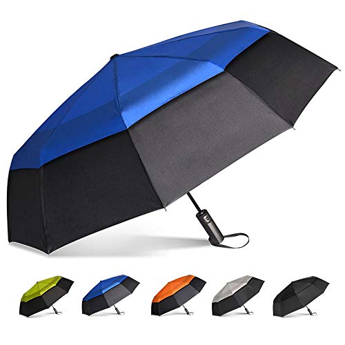 Brainstorming 10 Ribs Windproof Umbrella, Automatic Open Travel Umbrella, Extra Large Oversize Double Canopy Vented Golf Umbrella, Easy Folding Rain Umbrella, 47 Inch - Black & Royal Blue