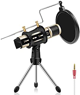 Studio Recording Microphone, ZealSound Condenser Broadcast Microphone w/Stand Built-in Sound Card Echo Recording Karaoke Singing for Phone Computer PC Garageband Smule Live Stream & Youtube (Gold)