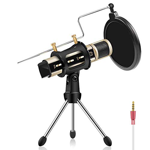 Studio Recording Microphone, ZealSound Condenser Broadcast Microphone w/Stand Built-in Sound Card Echo Recording Karaoke Singing for Phone Computer PC Garageband Smule Live Stream & Youtube (Gold)