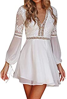 DEATU A Line Dresses for Women Ladies V-Neck Lace Long Sleeve Backless Party Bandage Mini Dress(White ,M)