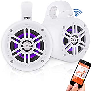 Waterproof Marine Wakeboard Tower Speakers - 4 Inch Dual Subwoofer Speaker Set w/ 300 Max Power Output - Boat Audio System w/Built-in LED Lights - Mounting Clamps Included - Pyle PLMRLEWB46W (White)