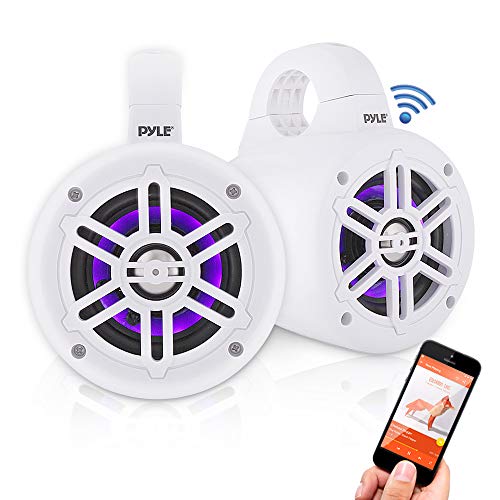 Waterproof Marine Wakeboard Tower Speakers - 4 Inch Dual Subwoofer Speaker Set w/ 300 Max Power Output - Boat Audio System w/Built-in LED Lights - Mounting Clamps Included - Pyle PLMRLEWB46W (White)