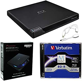 Pioneer BDR-XD07UHD Portable 6X Ultra HD 4K Blu-ray Burner External Drive Bundle with Cyberlink Software Download Installation Code, 25GB M-DISC BD-R and USB Cable - Burns CD DVD BD DL BDXL Discs