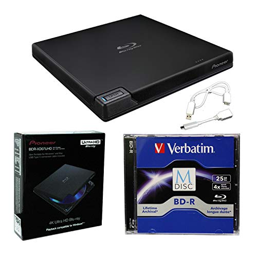 Pioneer BDR-XD07UHD Portable 6X Ultra HD 4K Blu-ray Burner External Drive Bundle with Cyberlink Software Download Installation Code, 25GB M-DISC BD-R and USB Cable - Burns CD DVD BD DL BDXL Discs