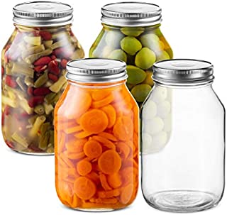 Glass Regular Mouth Mason Jars, 32 Ounce Glass Jars with Silver Metal Airtight Lids for Meal Prep, Food Storage, Canning, Drinking, Overnight Oats, Jelly, Dry Food, Spices, Salads, Yogurt (4 Pack)