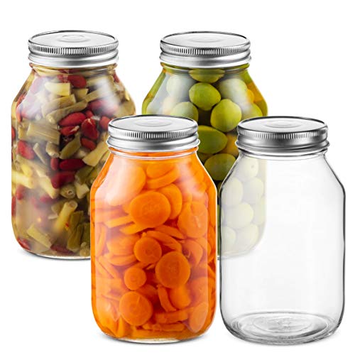 Glass Regular Mouth Mason Jars, 32 Ounce Glass Jars with Silver Metal Airtight Lids for Meal Prep, Food Storage, Canning, Drinking, Overnight Oats, Jelly, Dry Food, Spices, Salads, Yogurt (4 Pack)