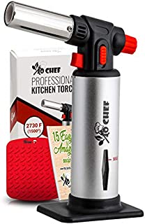 Kitchen Torch, Blow Torch - Refillable Butane Torch With Safety Lock & Adjustable Flame + Fuel gauge - Culinary Torch, Creme Brûlée Torch for Cooking Food, Baking, BBQ + FREE E-book, Fuel Not Included