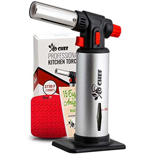 Kitchen Torch, Blow Torch - Refillable Butane Torch With Safety Lock & Adjustable Flame + Fuel gauge - Culinary Torch, Creme Brûlée Torch for Cooking Food, Baking, BBQ + FREE E-book, Fuel Not Included