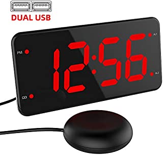 Extra Loud Alarm Clock with Bed Shaker, Vibrating Alarm Clock for Heavy Sleepers, Deaf and Hard of Hearing, Dual Alarm Clock with USB Charger, 7-Inch Display, Full Range Dimmer, Battery Backup - Red