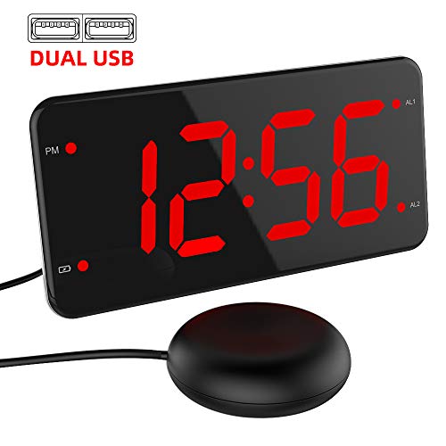 Extra Loud Alarm Clock with Bed Shaker, Vibrating Alarm Clock for Heavy Sleepers, Deaf and Hard of Hearing, Dual Alarm Clock with USB Charger, 7-Inch Display, Full Range Dimmer, Battery Backup - Red