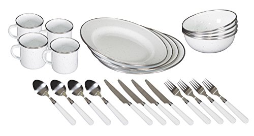 Stansport Enamel Camping Tableware Set-24 Pieces-White with Blue Specs