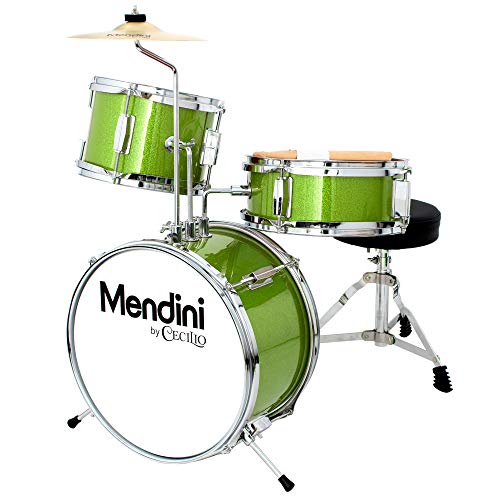 Mendini by Cecilio 13 inch 3-Piece Kids/Junior Drum Set with Throne, Cymbal, Pedal & Drumsticks (Green Metallic)