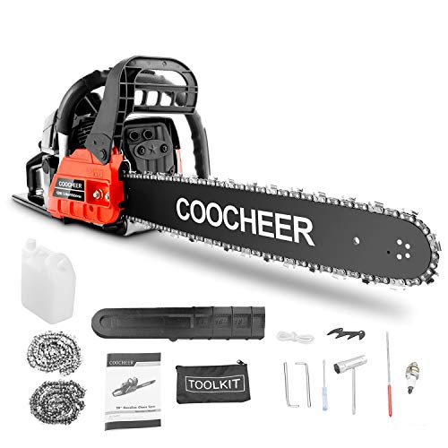 COOCHEER 20'' Chainsaw 62CC 2-Stroke Gas Powered Chain Saws with 2 Chains, Tool Kit, Carring Bags for Cutting Trees, Wood