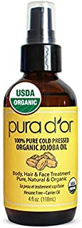 PURA DOR Organic Jojoba Oil (4oz / 118mL) USDA Certified Premium Grade 100% Pure Natural Moisturizer: Cold Pressed, Unrefined, Hexane-Free Base Carrier Oil for DIY Skin Care, Hair, Face & Nail