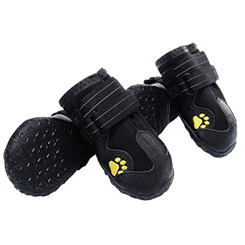 PG.KINWANG Dog Boots Waterproof Dog Shoes for Medium to Large Dogs with Reflective Velcro Rugged Anti-Slip Sole Pet Paw Protectors Labrador Husky Black 4 Pcs (Size 8: 3.3''x2.9'')