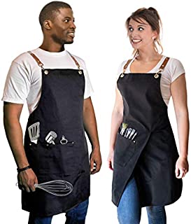 Cooking Apron for Men Women - Professional Bid Adjustable Waterdrop Resistant Canvas Chef Apron with 2 Pockets - Kitchen BBQ Grill - Black